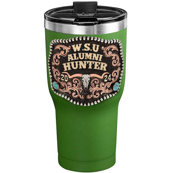 A customized tumbler made of stainless steel with a personalized engraved initials and Alumni Hunter lettering, 30 oz, ideal for coffee or cool drinks